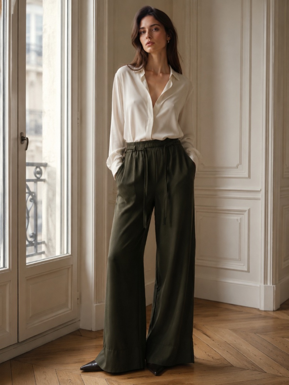 Darling, NWT Green Tencel Material Belted Wide Leg Pants, L